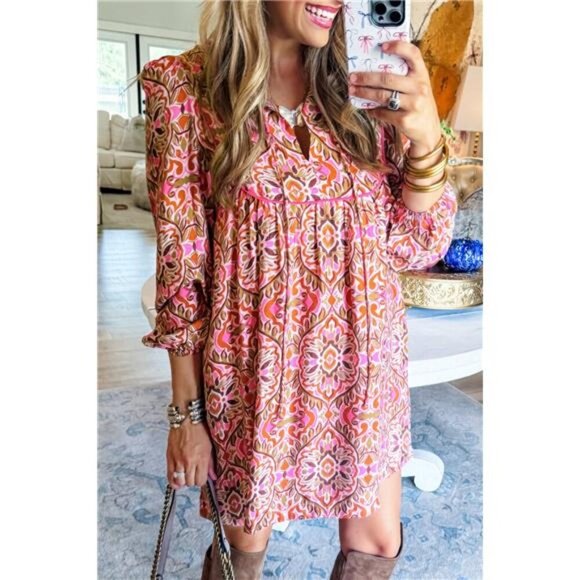 Printed Tie Neck Long Sleeve Mini Dress - Picture 3 of 10